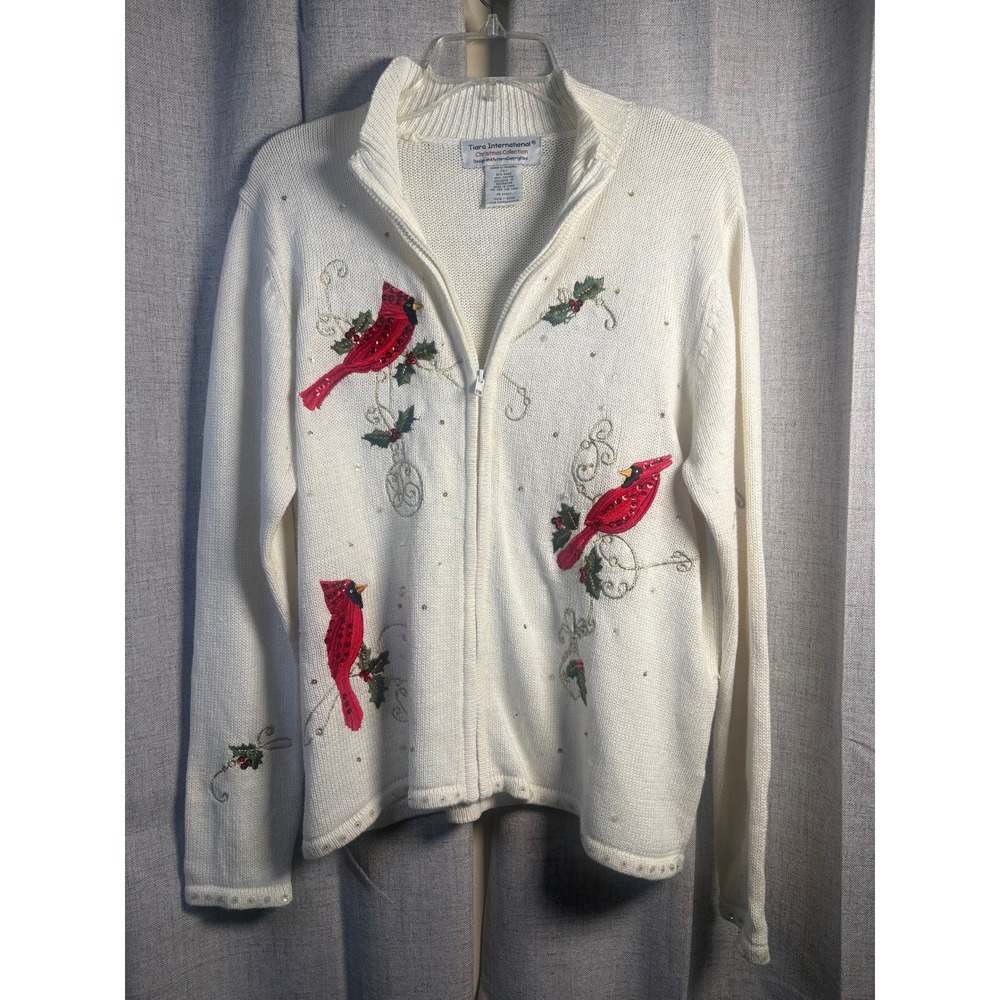 Tiara International Christmas Collection Cardinal Zip Sweater White Womens XL
